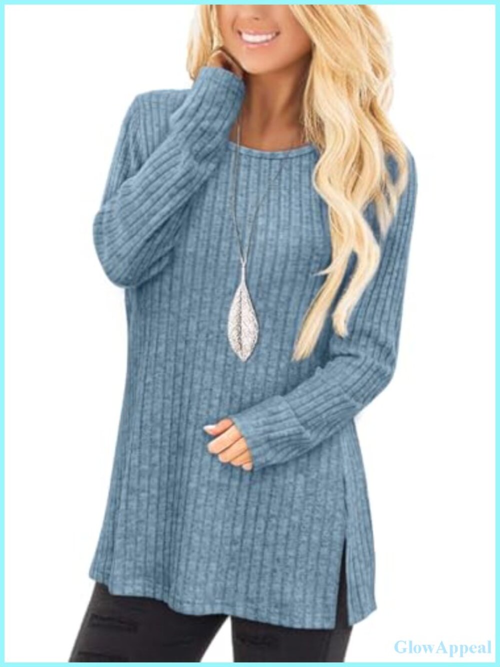 Jescakoo Long Sleeve Crew Neck Tunic Sweater Side Split Women's Tops